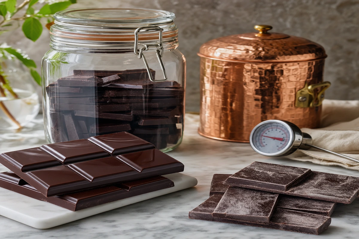 Premium chocolate storage - dark chocolate bar with cocoa nibs on marble surface