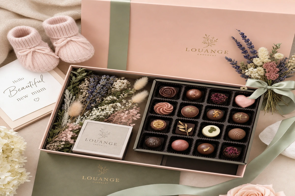 Handcrafted new mum chocolate gift box with blush pink and sage green packaging, baby booties and dried flowers